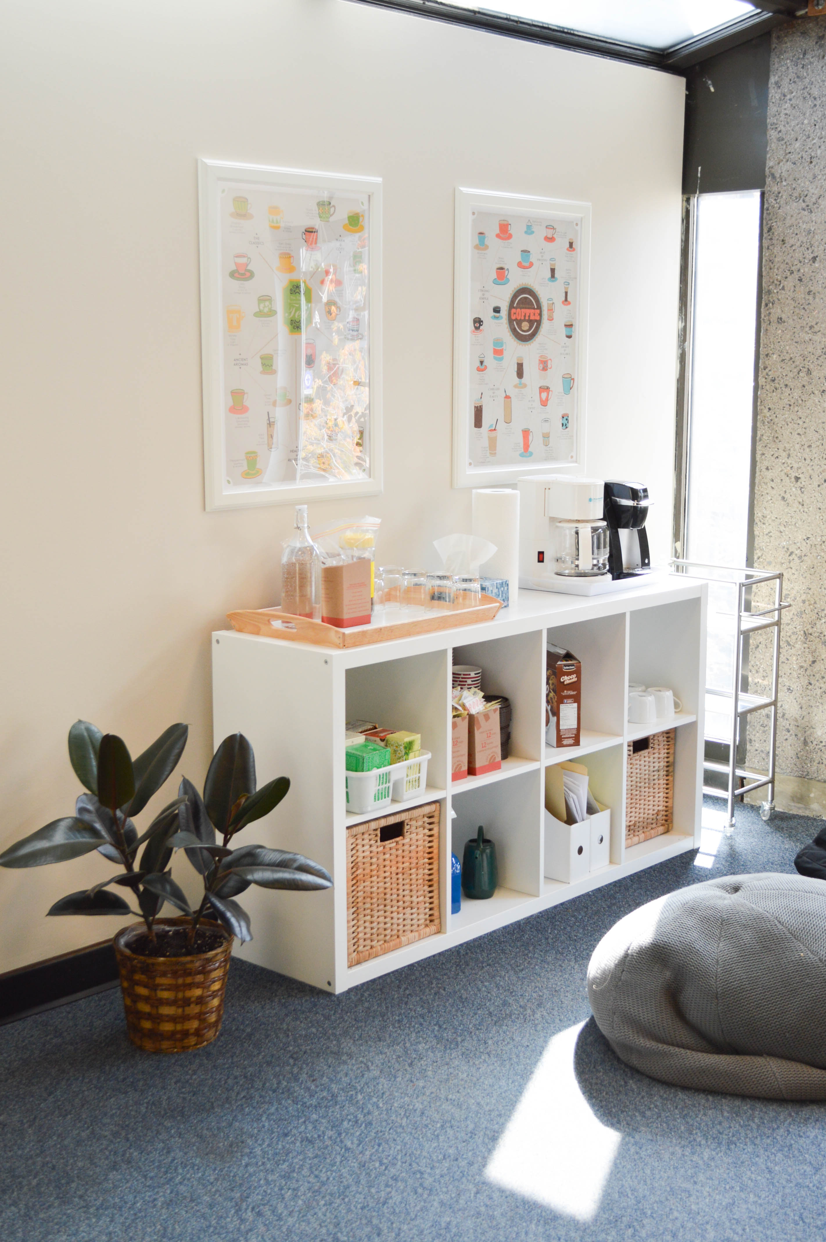 Warm and welcoming coffee and tea station at the Peer Support Centre.